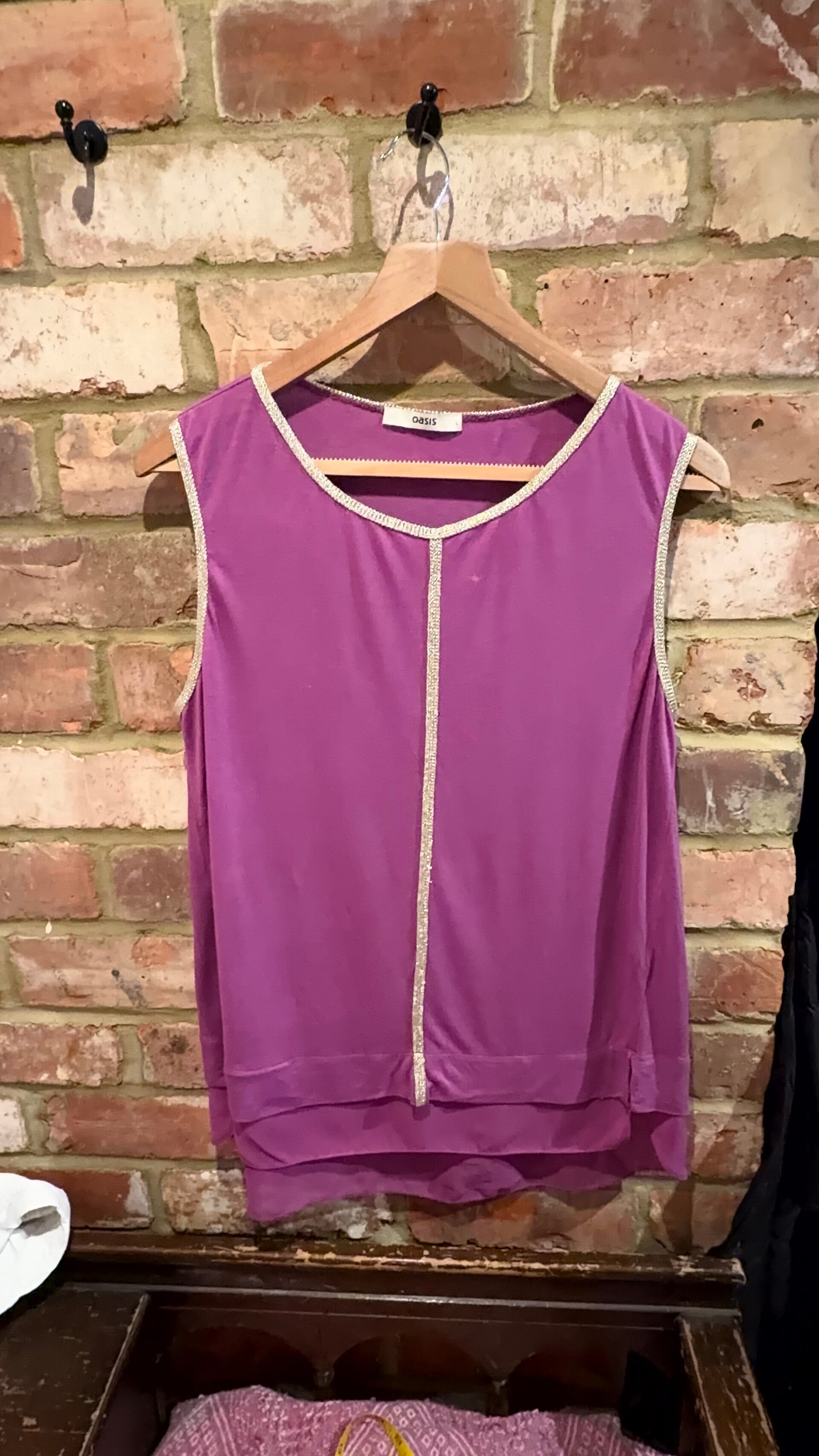 Oasis Purple Sleeveless Top with Gold Trim – Size L