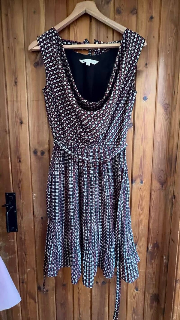Yumi UK 10 Black Pink Floral Drape Neck Midi Dress Y2K Retro Tie Back