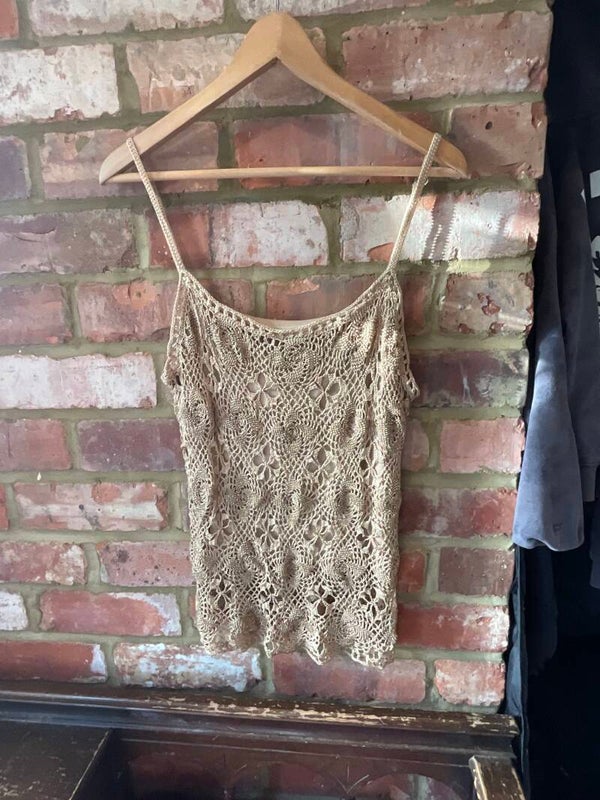 Y2K Beige Crochet Cami Top 100% Viscose Boho Festival Layered Vest
