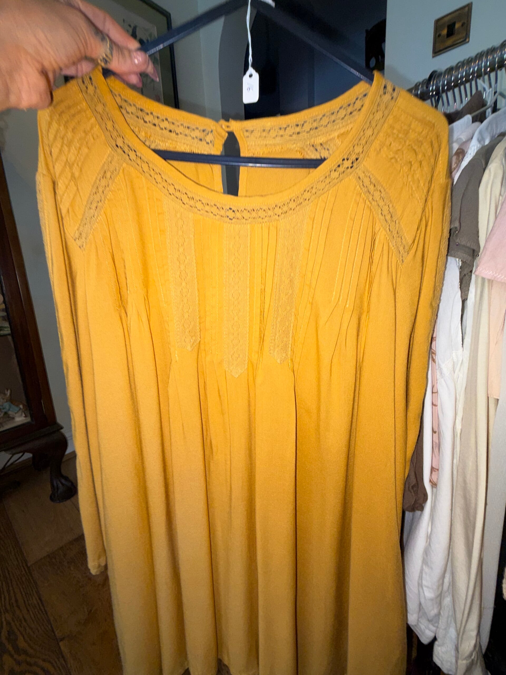 TU Mustard Yellow Boho Tunic Top Size 16 100% Viscose Lace Detail