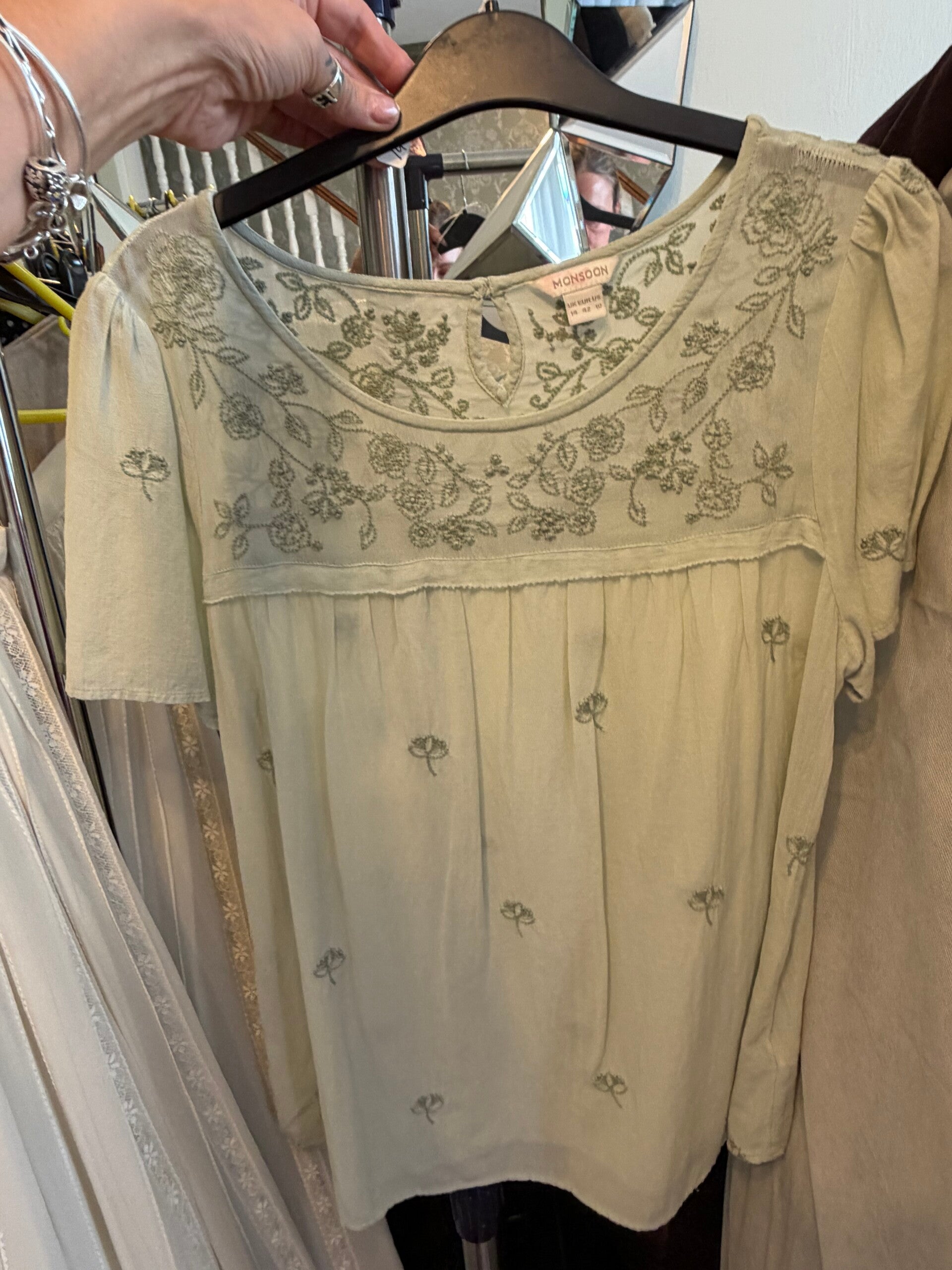 Monsoon Embroidered Floral Blouse – Sage/Stone – Size 14