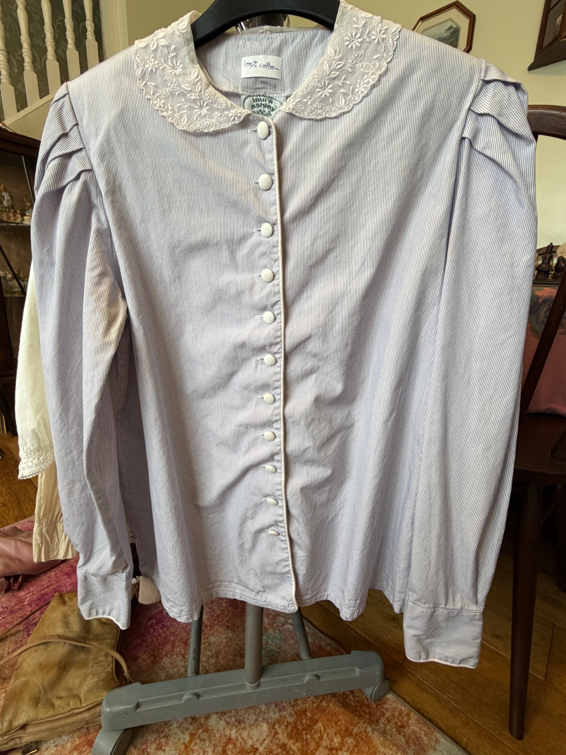 Laura Ashley Vintage Cotton Blouse – Blue & White Stripe