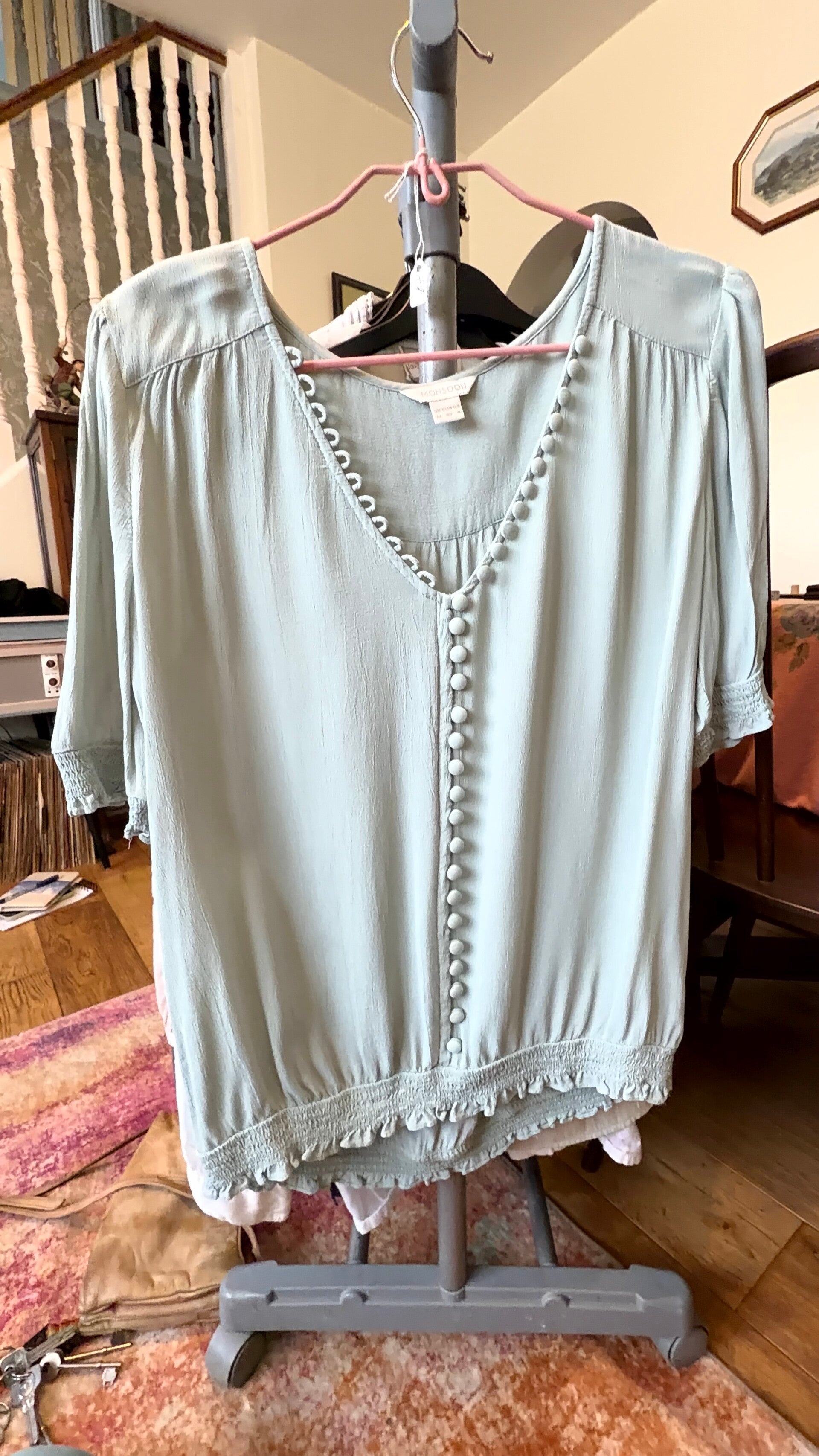 Monsoon Pale Sage Green Button Detail Blouse – Size 12