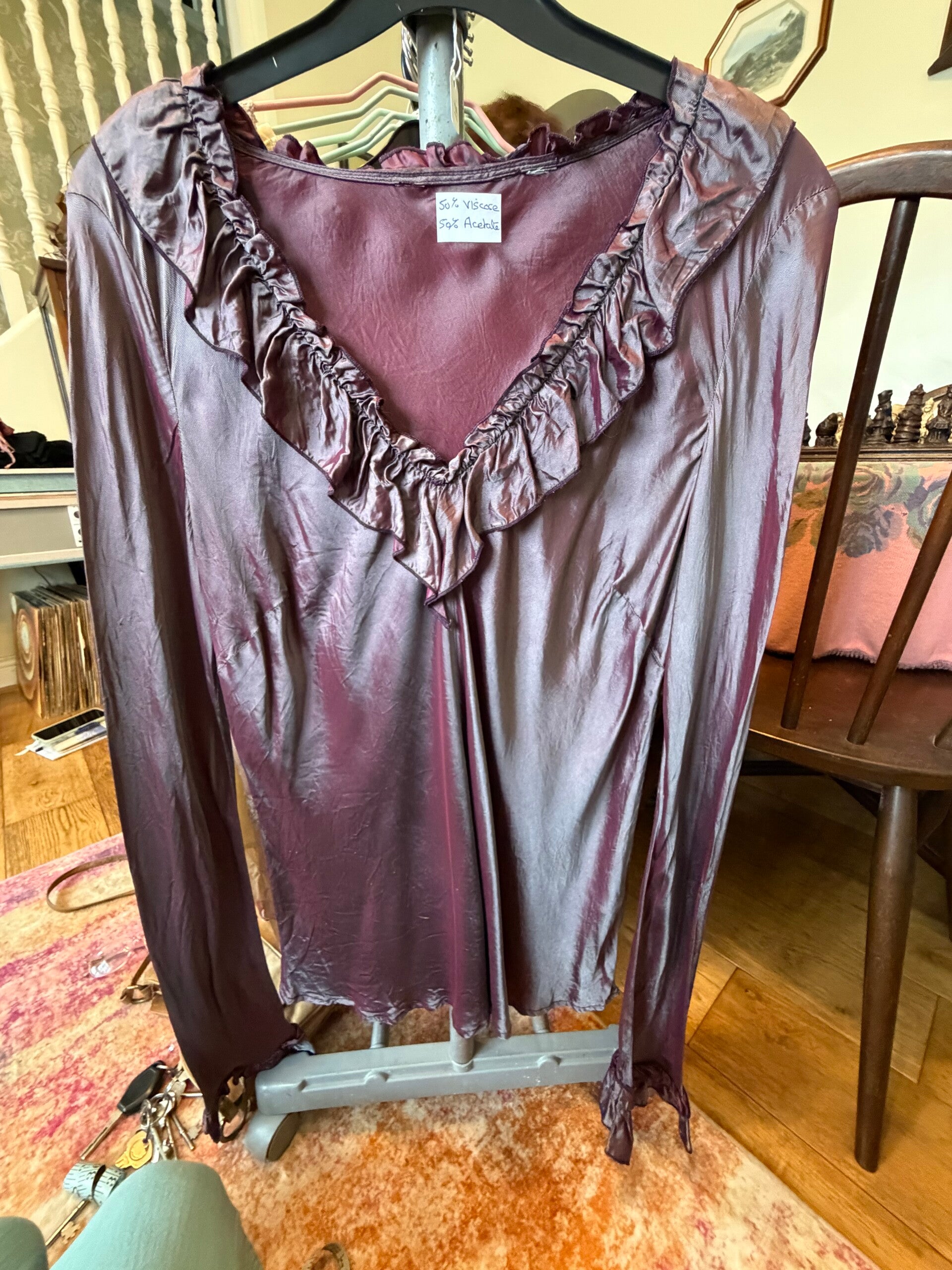 Next Vintage Y2K Plum Satin Effect Ruffle Top – Size 12