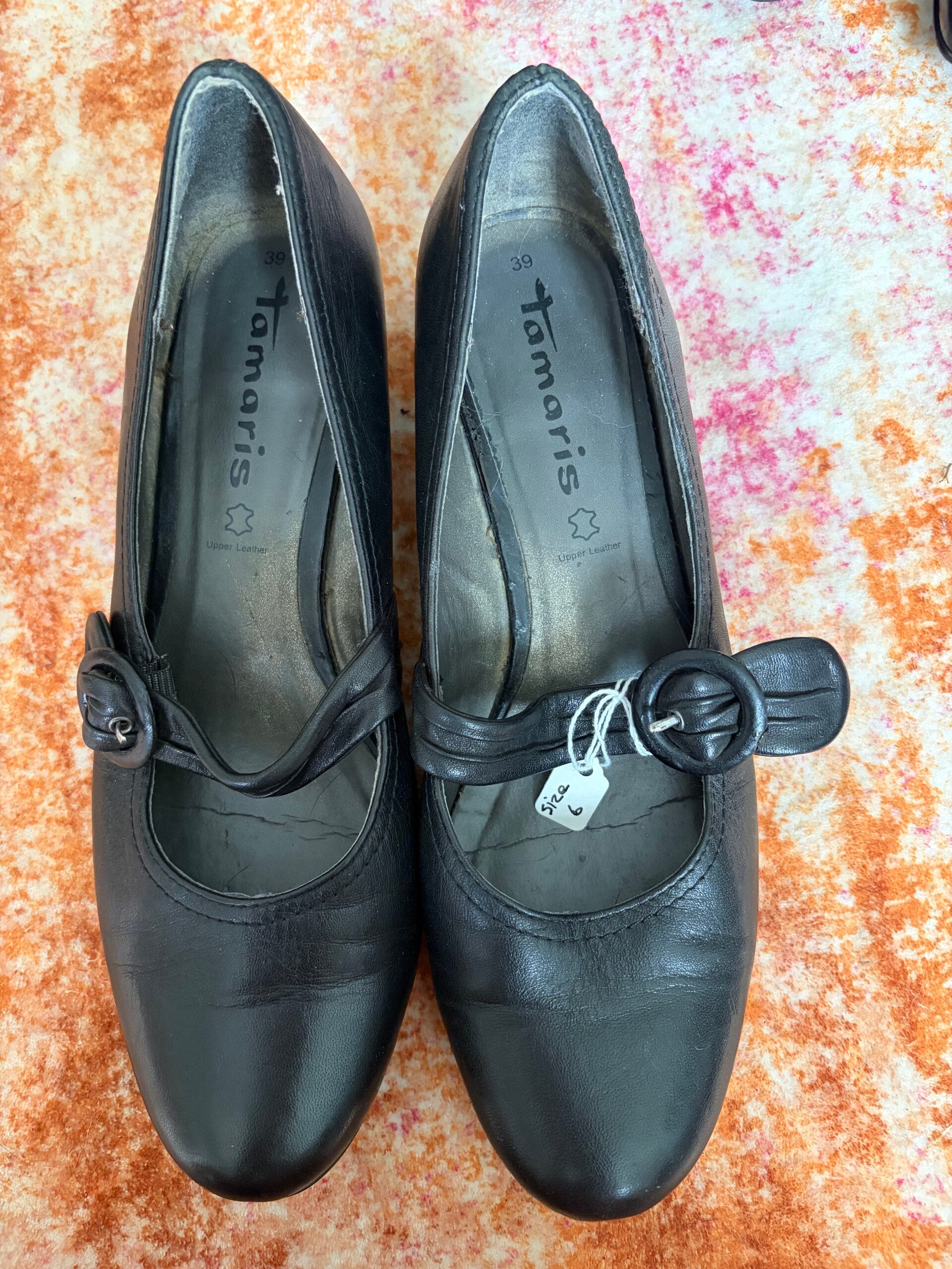 Tamaris Black Leather Mary Jane Shoes Size 39 UK 6 Low Heel Retro