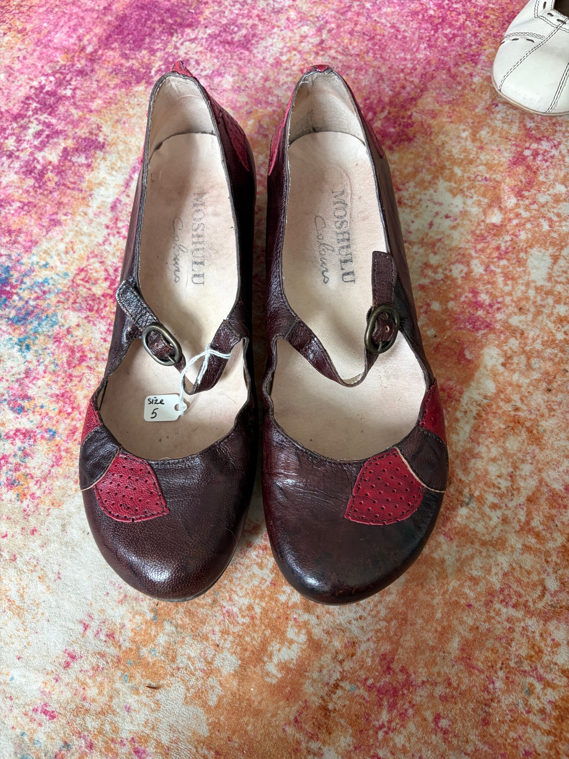 Moshulu Colombo Brown Leather Mary Jane Shoes UK 5 Red Detail Retro Y2K