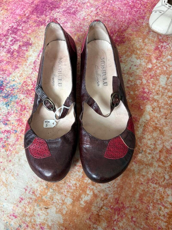 Moshulu Colombo Brown Leather Mary Jane Shoes UK 5 Red Detail Retro Y2K