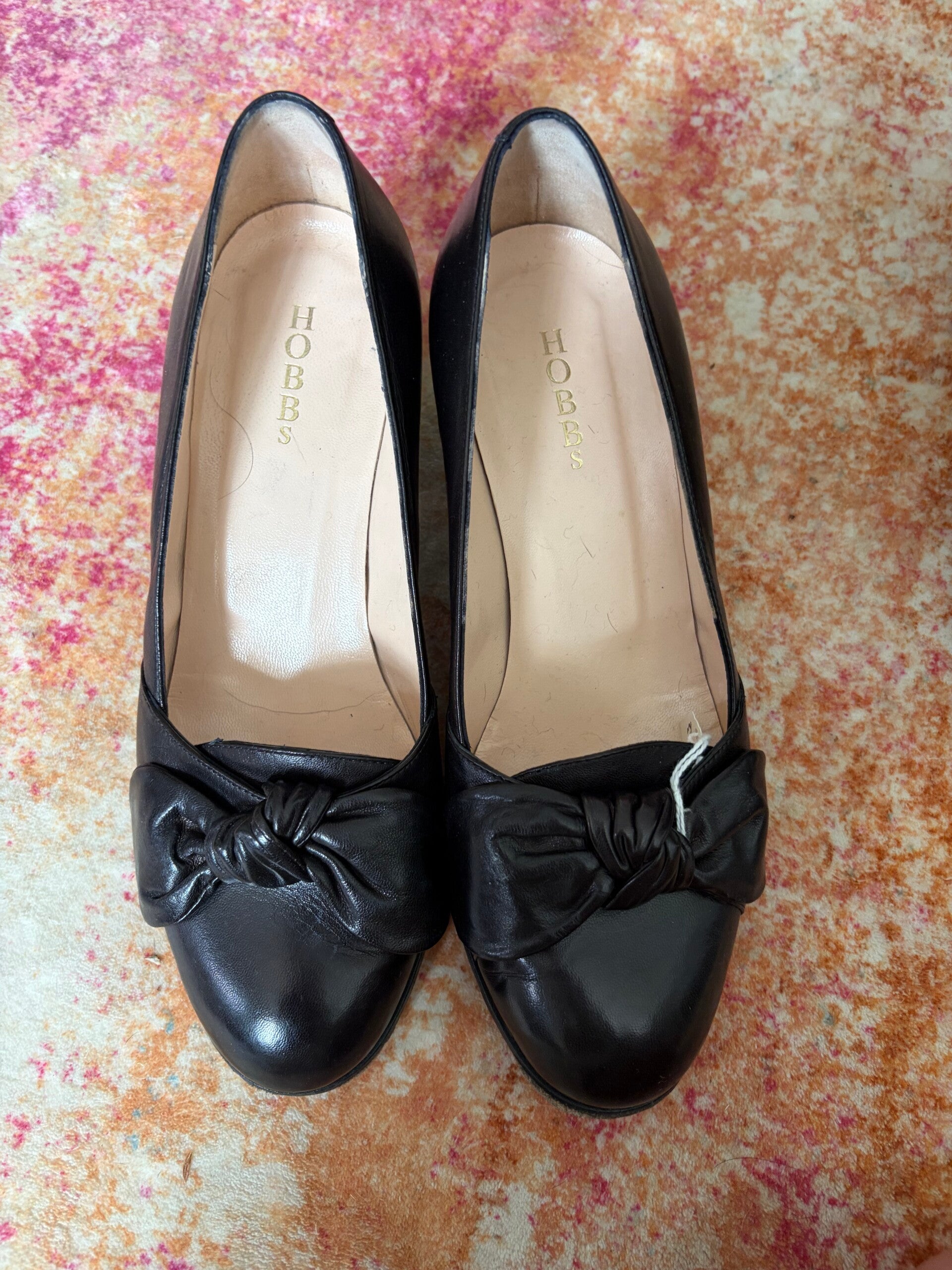 Hobbs Black Leather Bow Court Shoes UK 4 / EU 37 Block Heel Smart Work Occasion