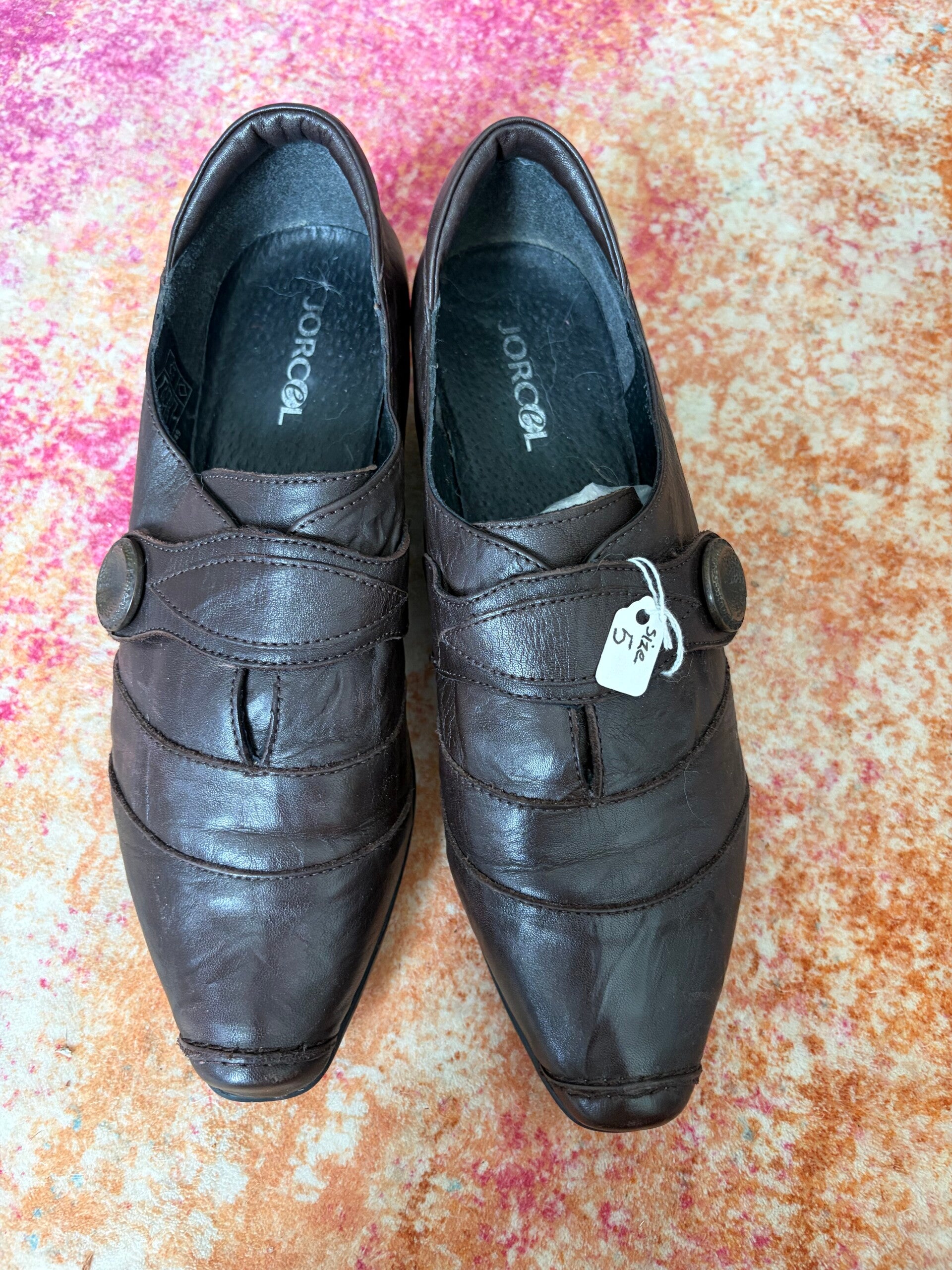Jorcel Brown Leather Comfort Shoes UK 5 Velcro Strap Low Heel Walking Work Shoes