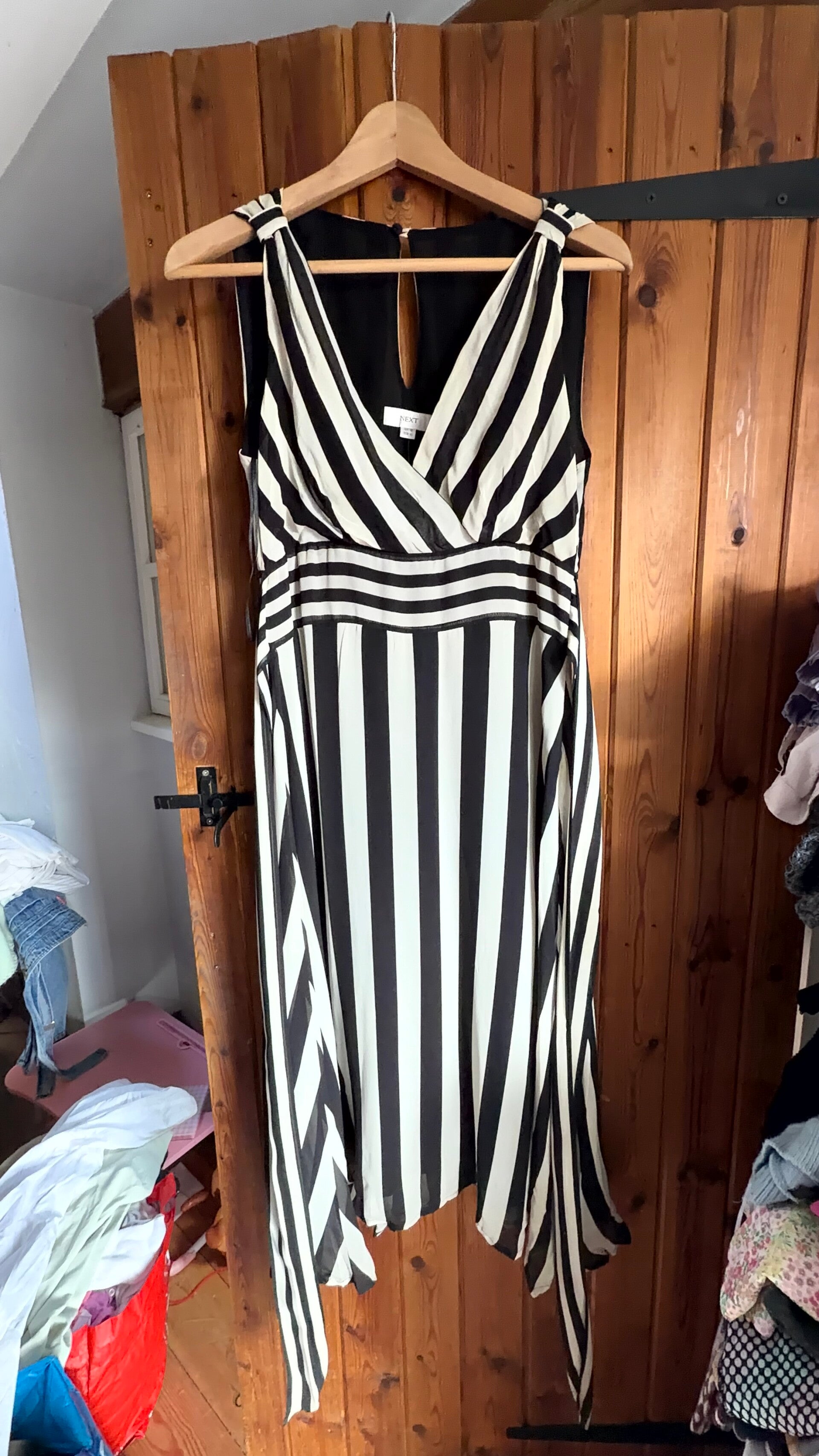 Next Black & Cream Striped Maxi Dress UK 12 Y2K Asymmetric Tie Back BNWT