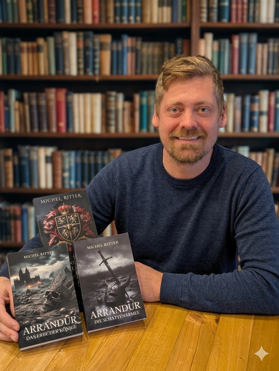 Autor Michel Ritter neben seinen Fantasy-Büchern