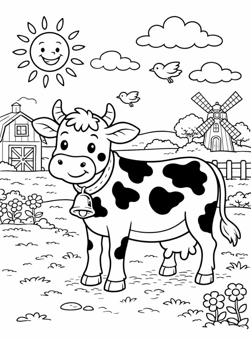 Kleurplaat boerderij koe