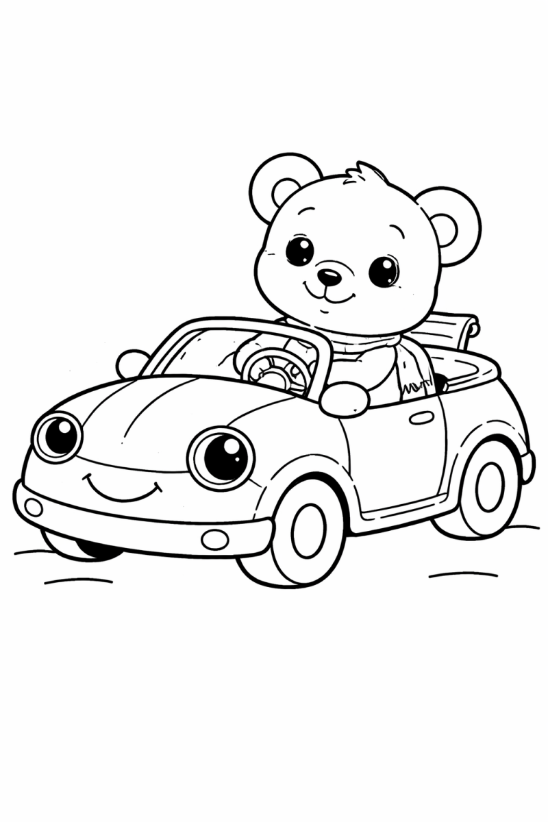 Kleurplaat auto met beertje