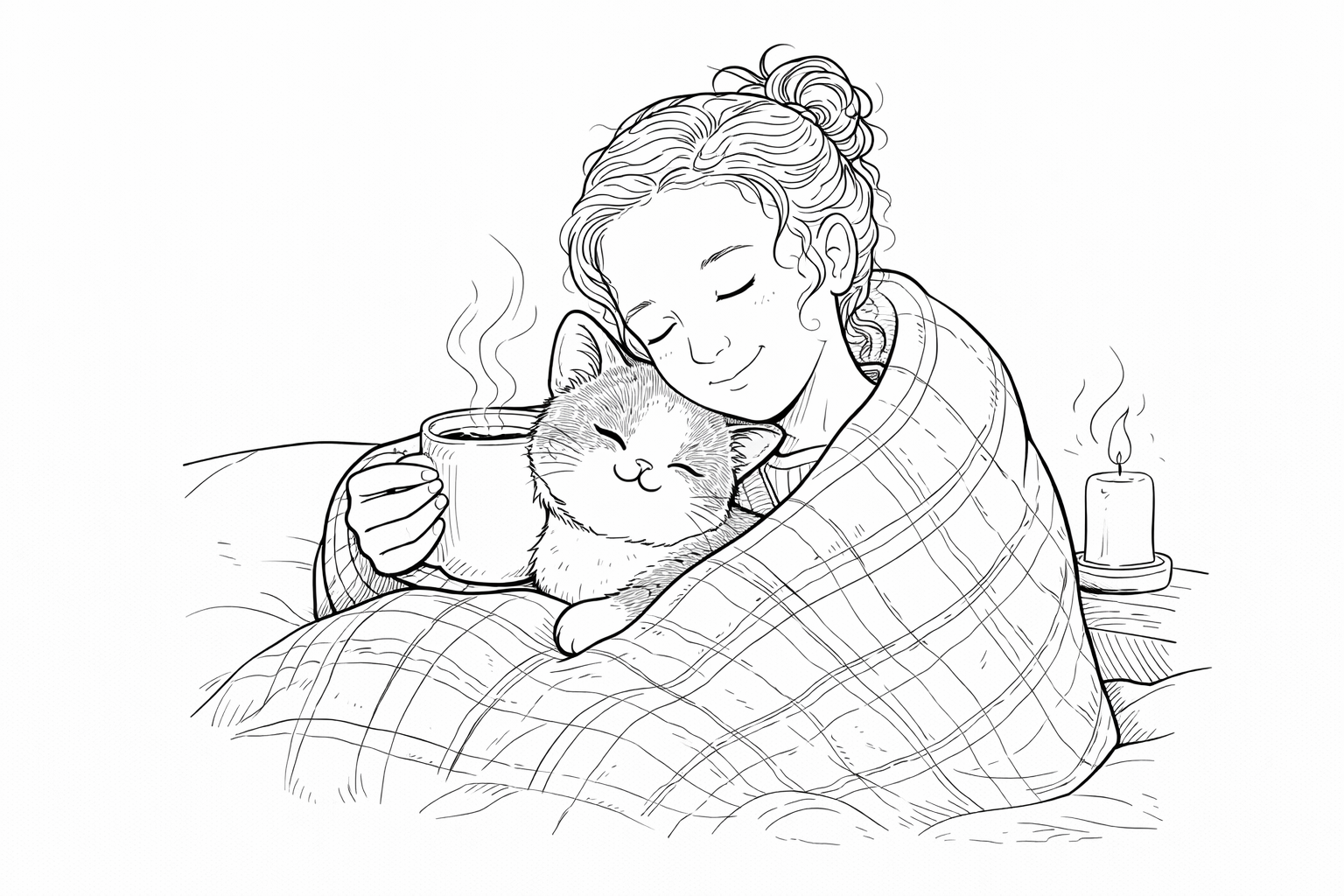 Cozy kleurplaat vrouw met kat