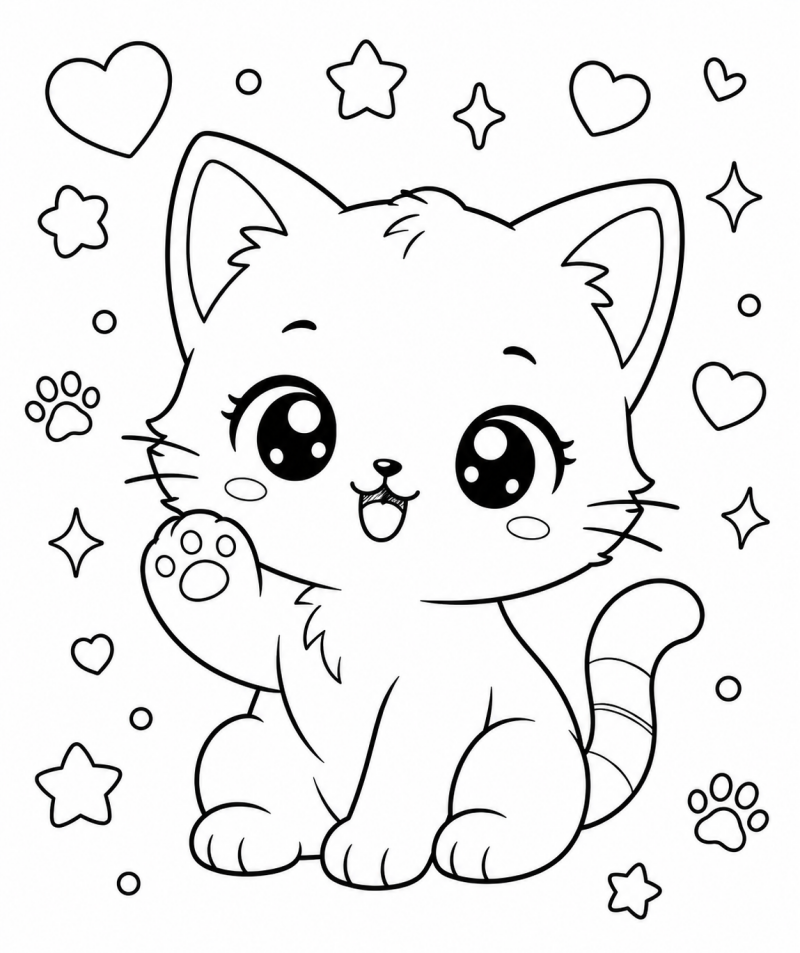 Cozy kawaii kleurplaat kitten