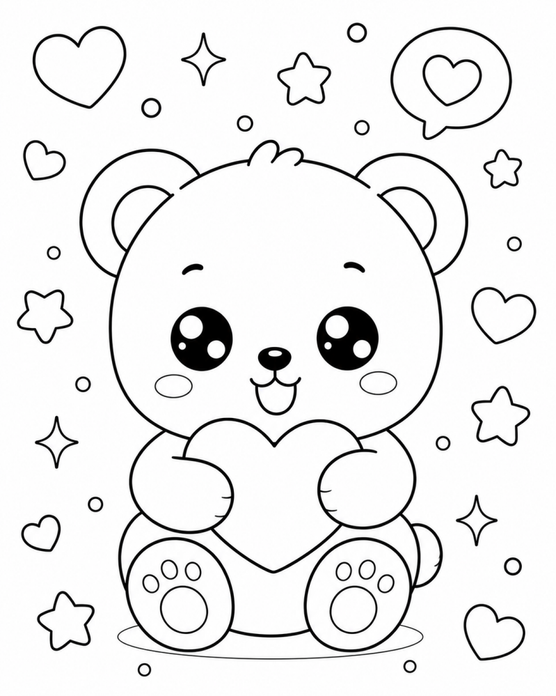 Cozy kawaii kleurplaat beertje met hart