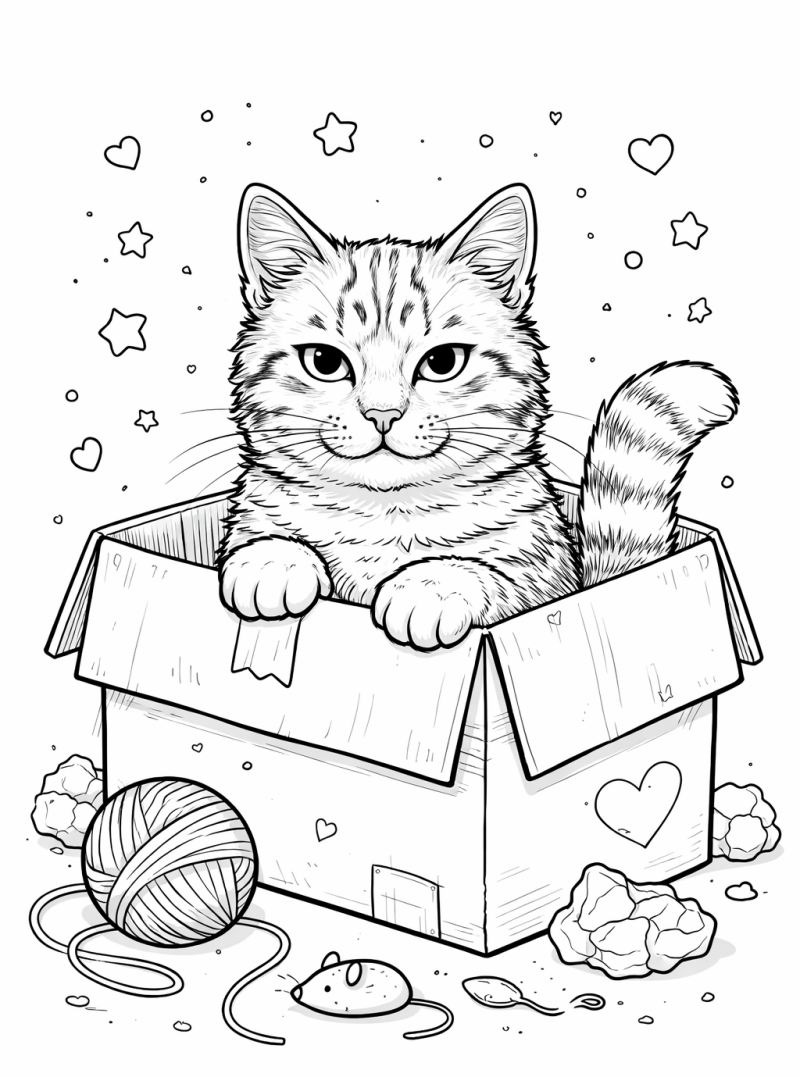 Kleurplaat kat in doos