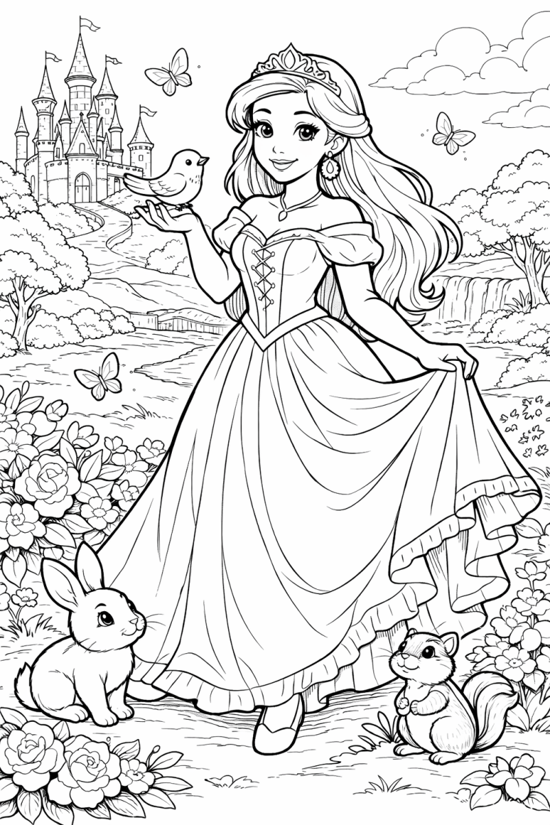 Kleurplaat prinses met vogel