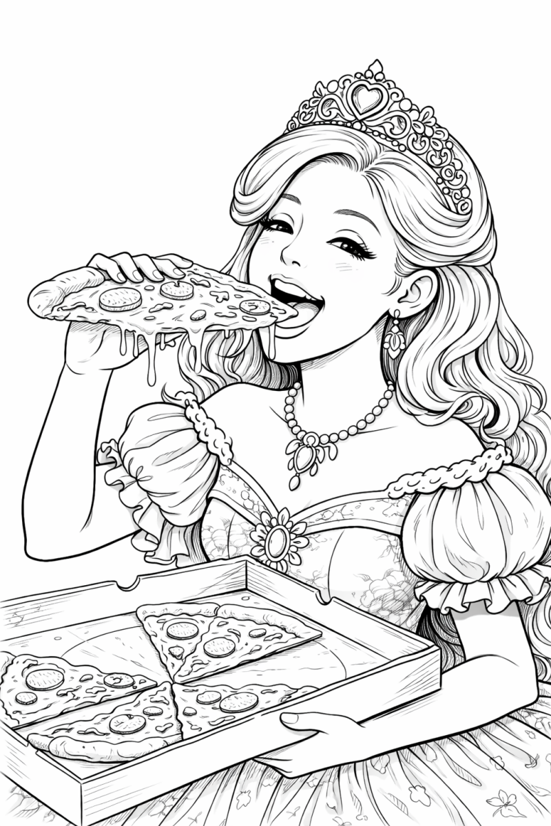 Kleurplaat prinses met pizza