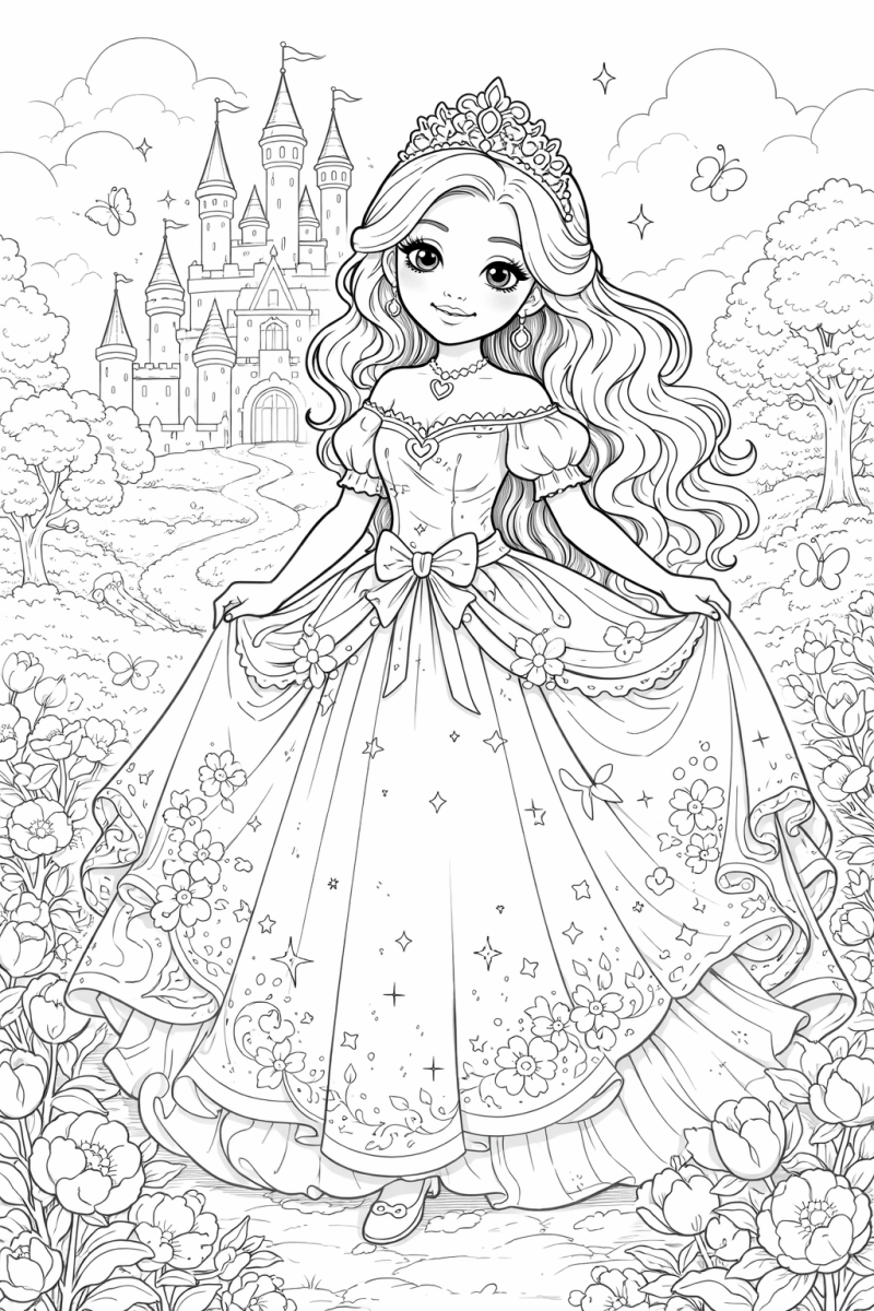 Kleurplaat prinses met kasteel
