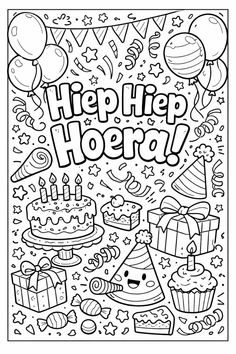 Kleurplaat verjaardag hiep hiep hoera