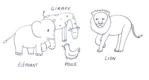 Dessin avec éléphant, girafe, poule et lion