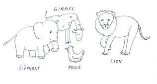 Dessin avec éléphant, girafe, poule et lion