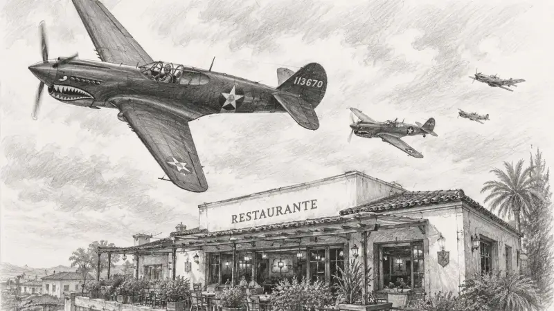 Aviones de la segunda guerra mundial sobre vuelan un restaurante con terraza