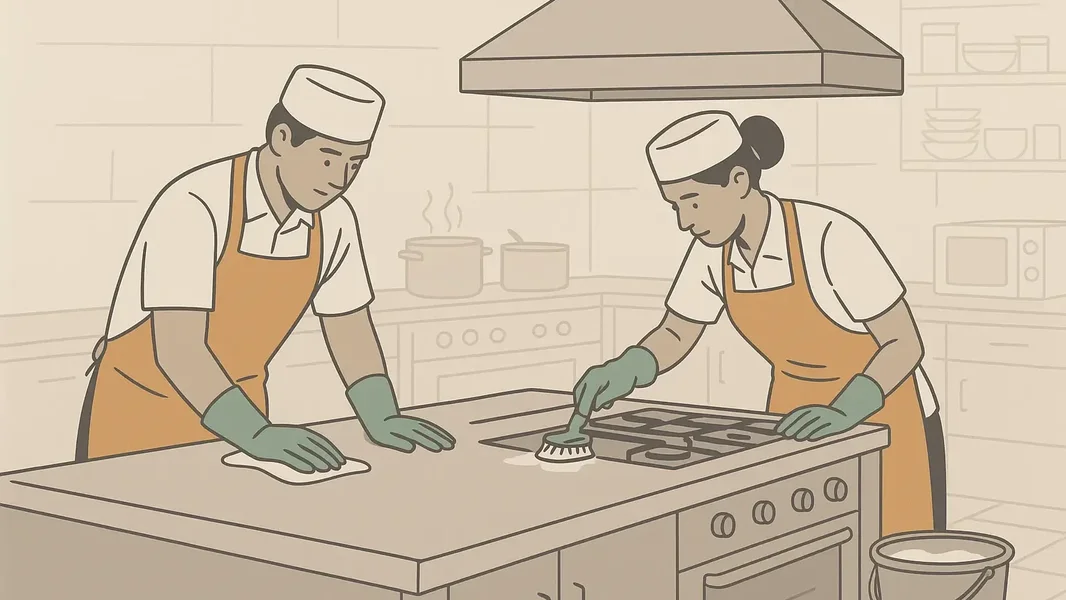 dos cocineros limpiando la cocina de un restaurante