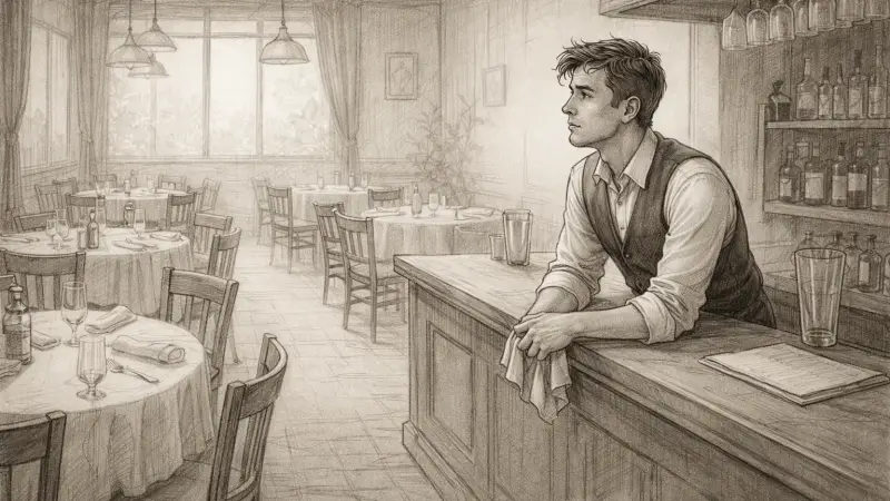 Un restaurante vacío con un camarero mirando al infinito