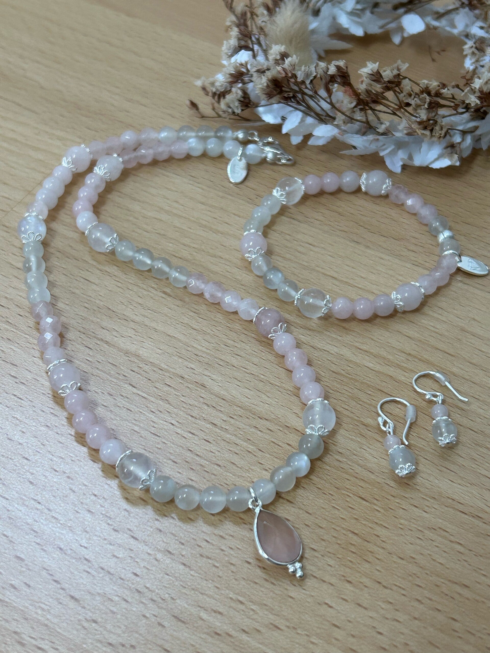 Heilstein-Schmuck - Set - Rosenquarz / Mondstein (S341)