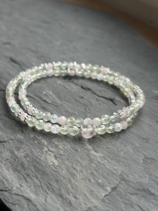 Wickelarmband (2-fach) - Bergkristall, Prehnit & Rosenquarz (A898)