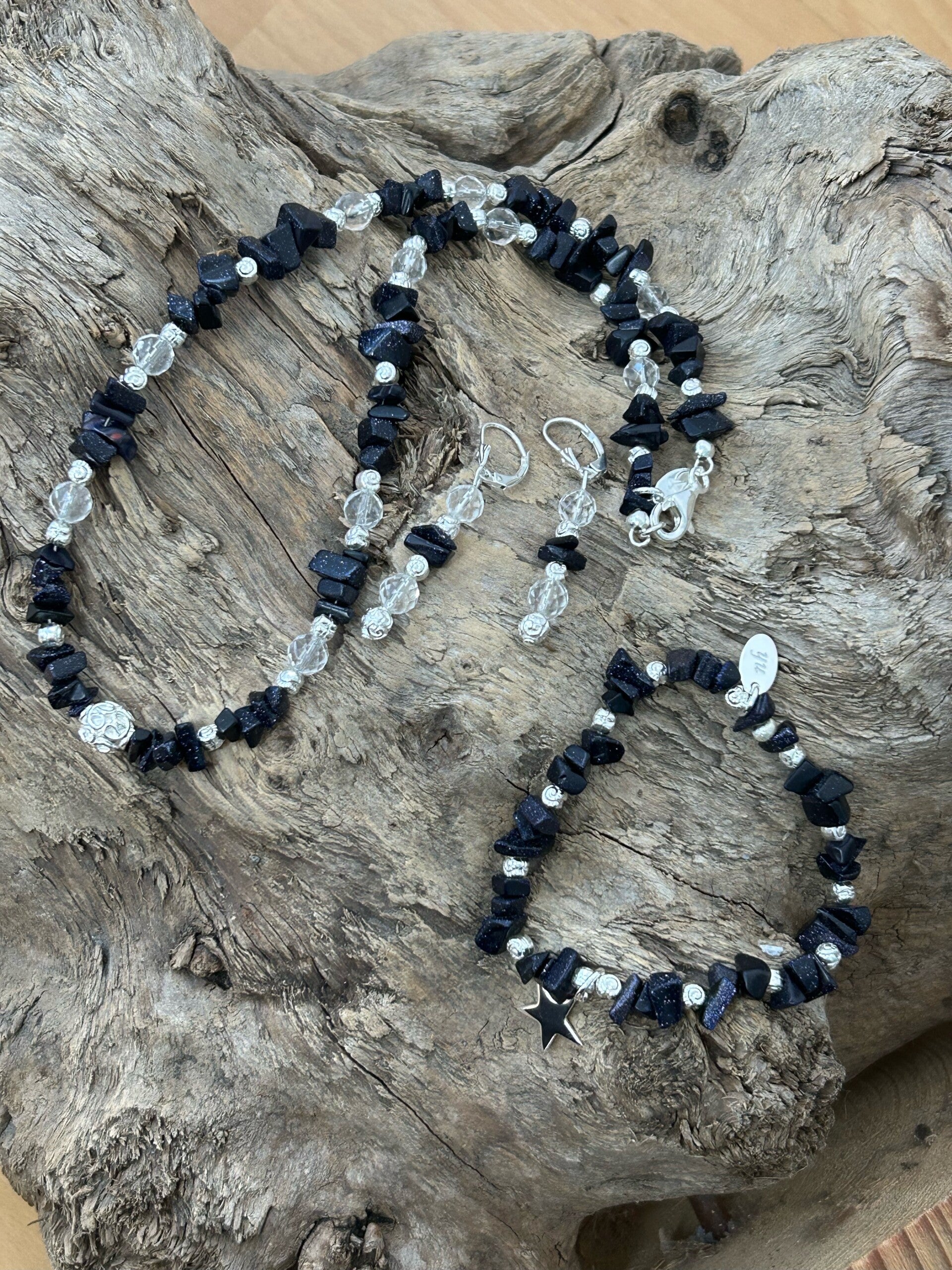 Heilstein-Schmuck - Set - Goldfluss blau (S340)