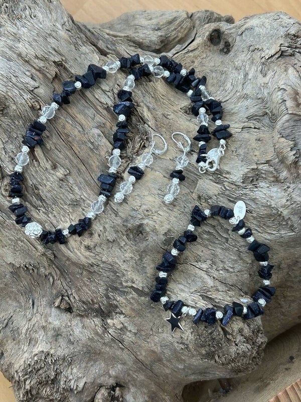 Heilstein-Schmuck - Set - Goldfluss blau (S340)