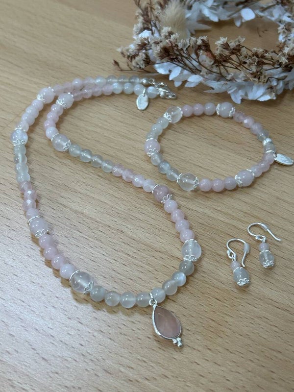 Heilstein-Schmuck - Set - Rosenquarz / Mondstein (S341)