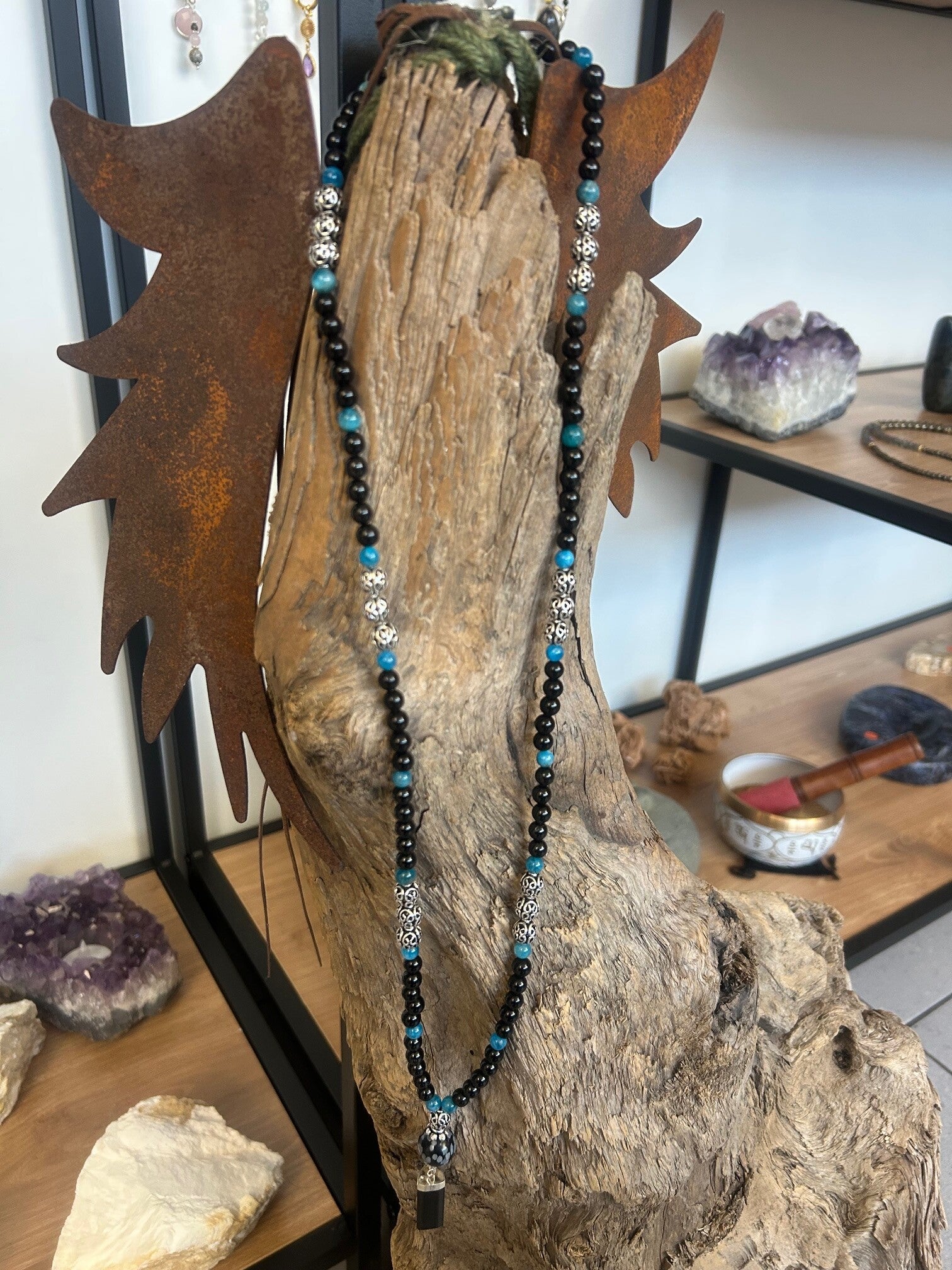 Halskette - Apatit blau, Obsidian schwarz & Turmalin Schörl (H590)