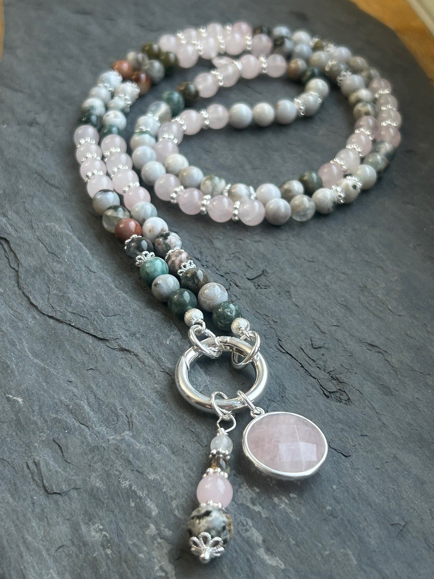 Halskette - Ozean-Achat & Rosenquarz (H556)