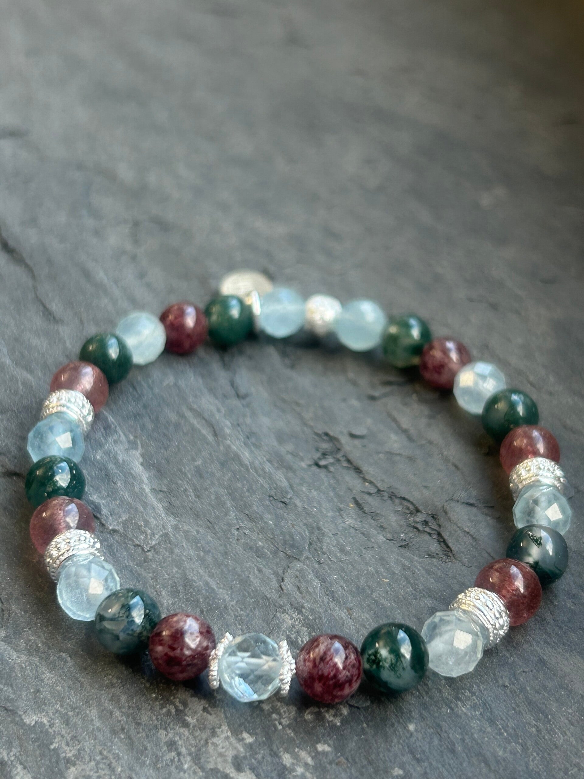 Armband - Aquamarin, Erdbeerquarz & Moosachat (A804)