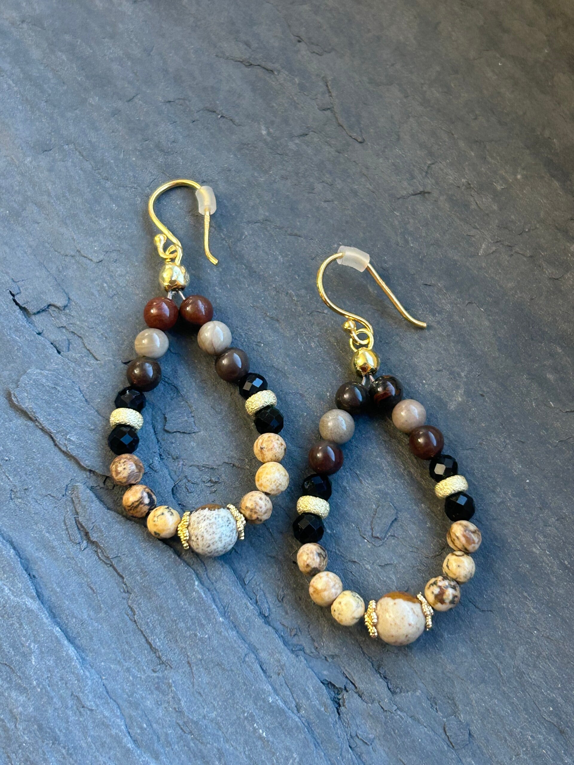 Ohrringe - Landschaftsjaspis, Turmalin schwarz & Versteinertes Holz (O557)