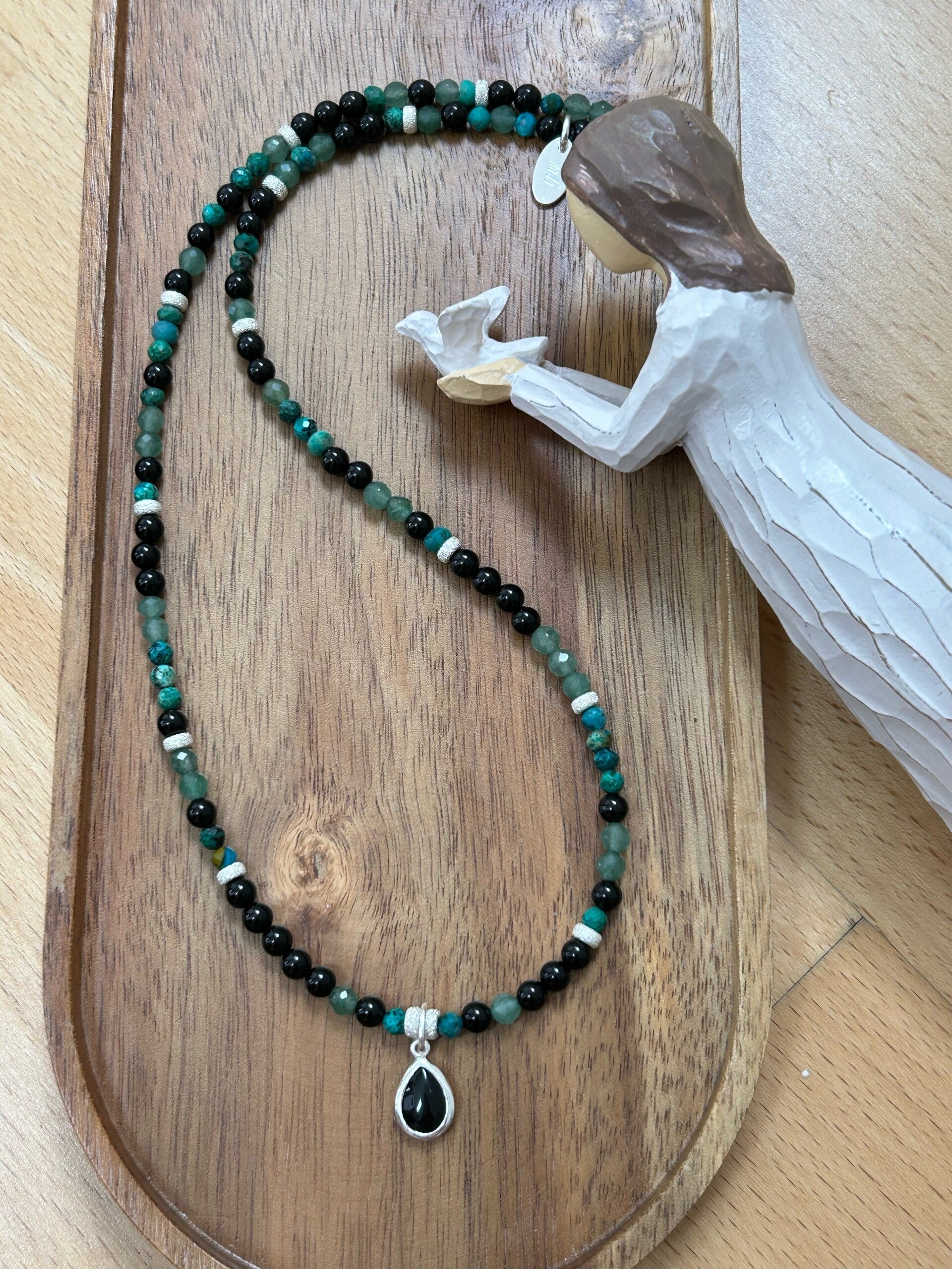 Halskette - Aventurin-Quarz grün / Chrysokoll / Turmalin schwarz (Schörl) (H356)