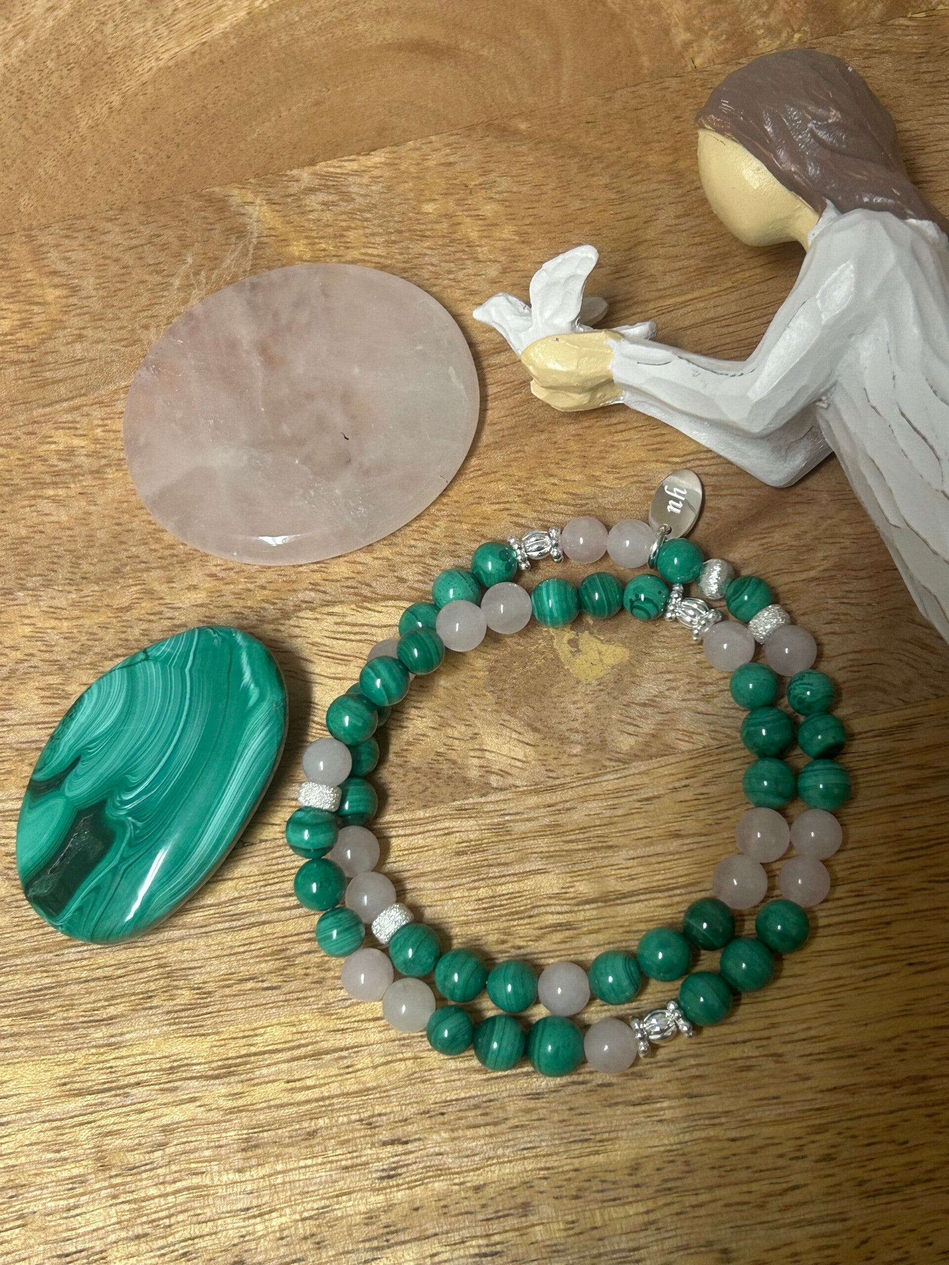 Wickelarmband (2-fach) - Malachit & Rosenquarz (A560)