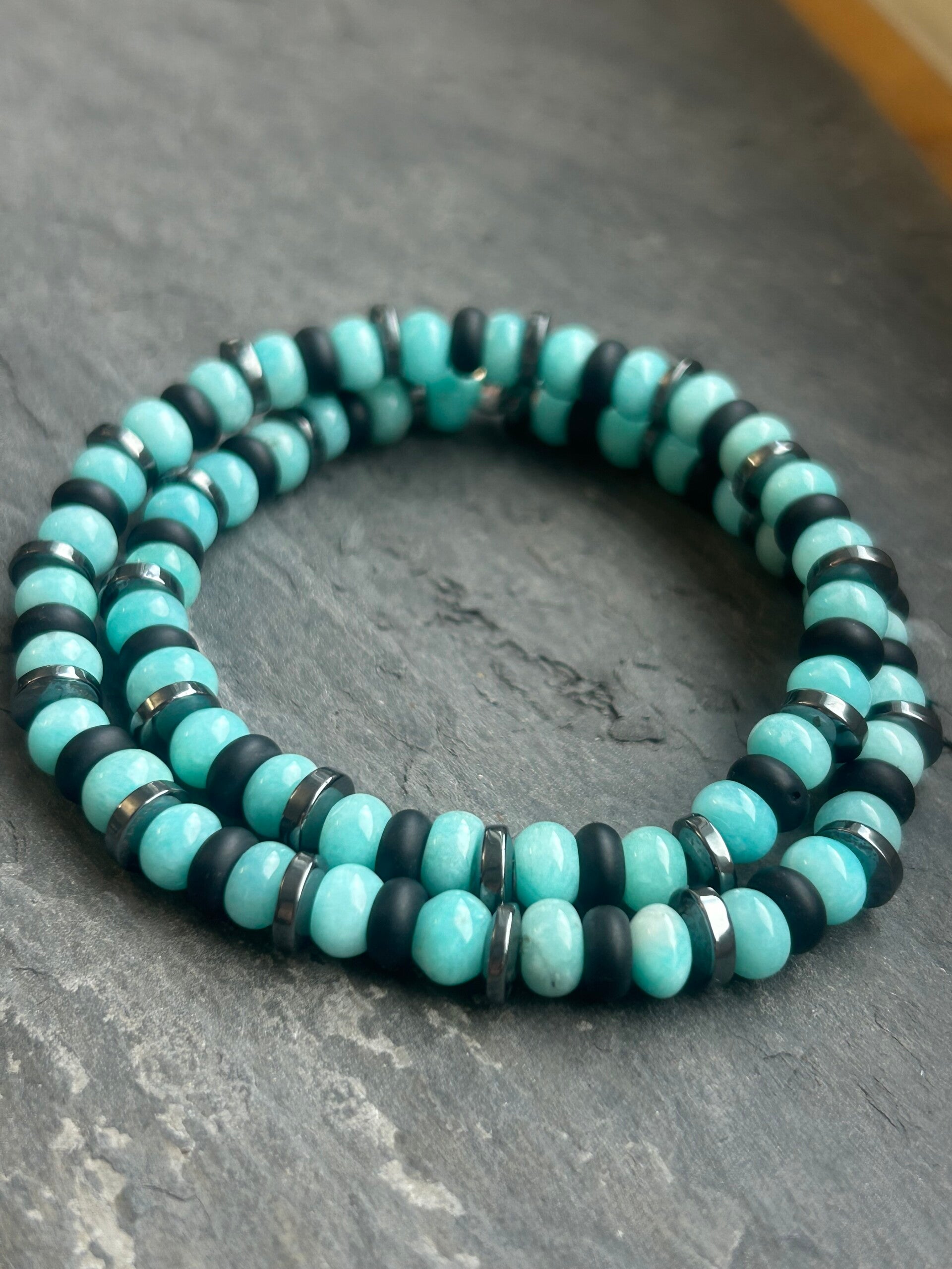 Wickelarmband (2-fach) - Amazonit, Hämatit & Onyx (A813)