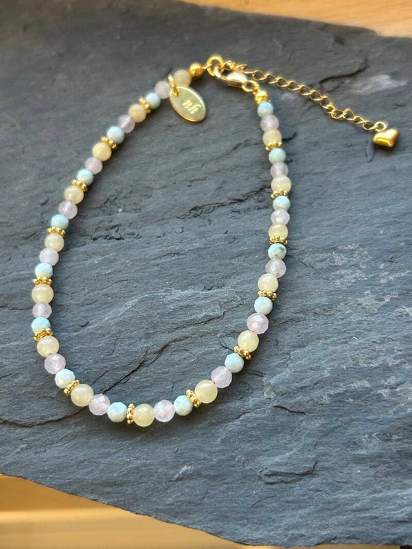 Fussketteli - Calcit gelb, Larimar & Rosenquarz (F146)