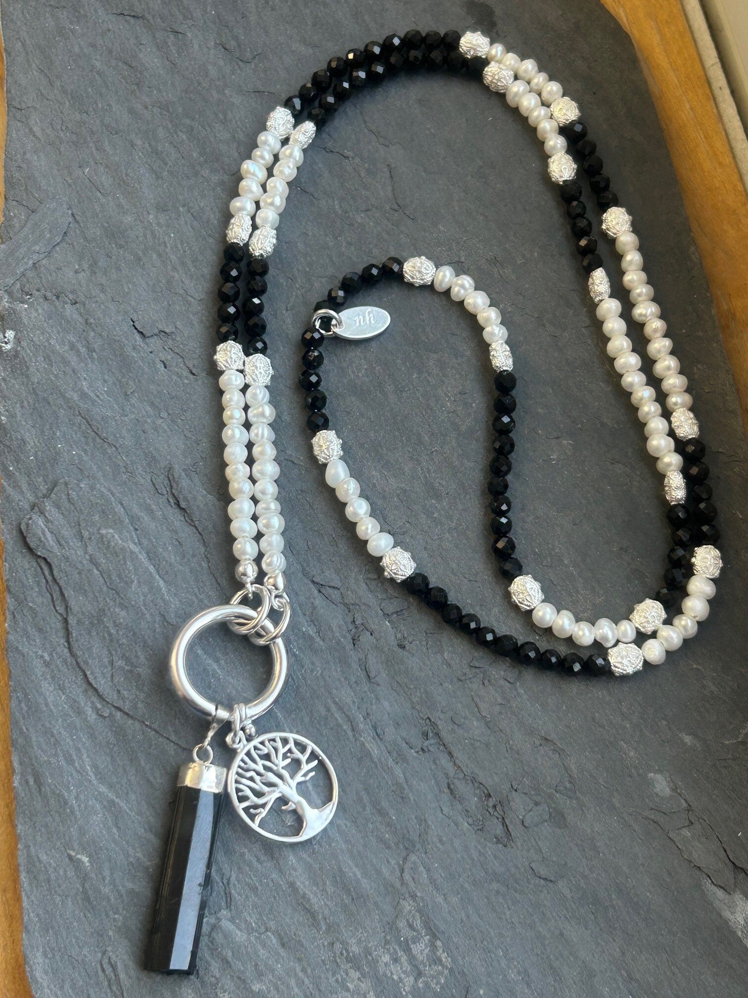 Halskette - Süsswasserperle & Turmalin Schörl (H591)