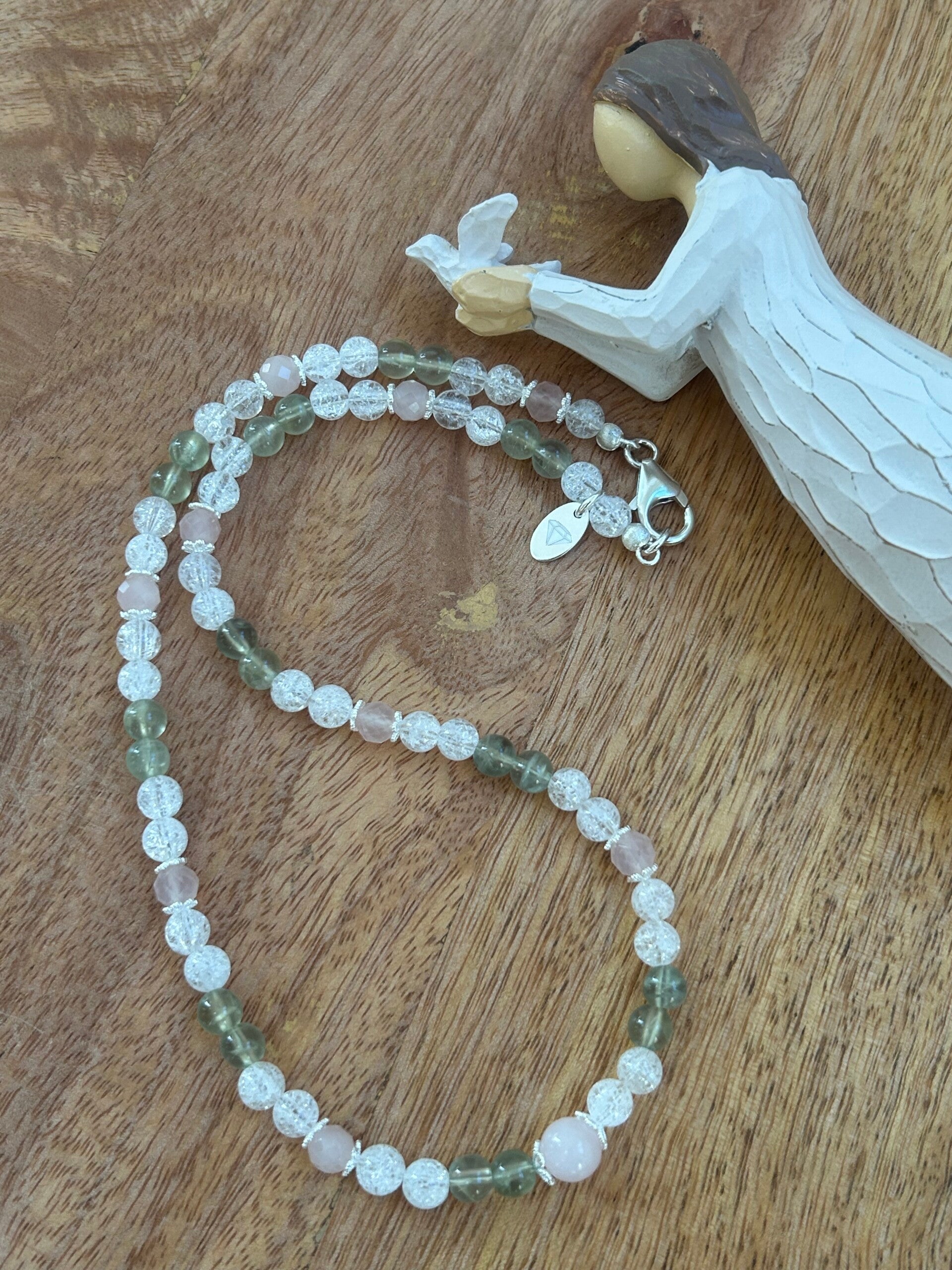 Halskette - Bergkristall, Prehnit & Rosenquarz (H424)