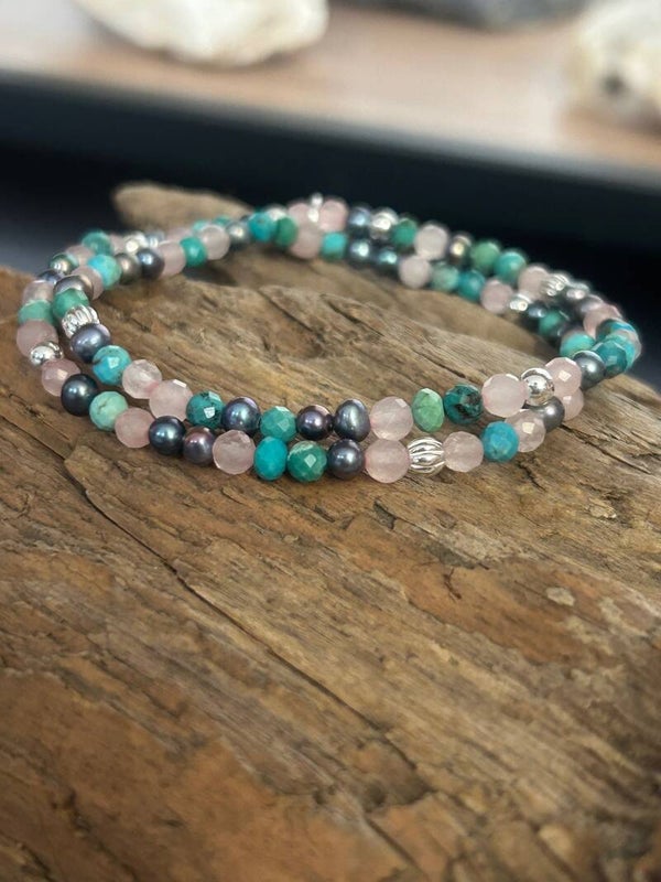 Wickelarmband (2-fach) - Rosenquarz, Süsswasserperle, Türkis (A831)