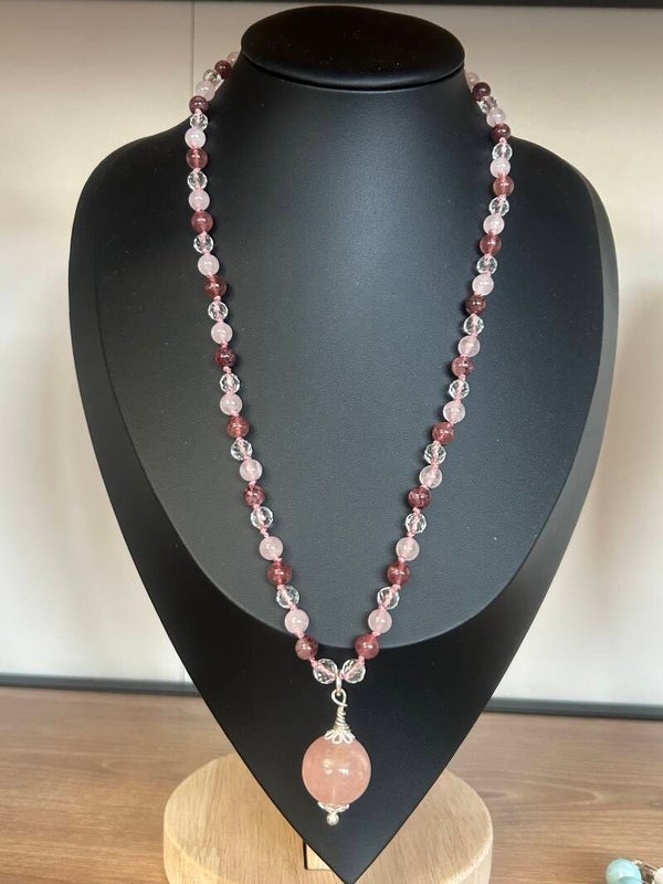 Halskette - Bergkristall, Erdbeerquarz & Rosenquarz (H607) - Einzelstück!