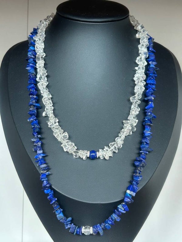 Halskette (2-fach) - Bergkristall & Lapislazuli (H615) - Einzelstück!