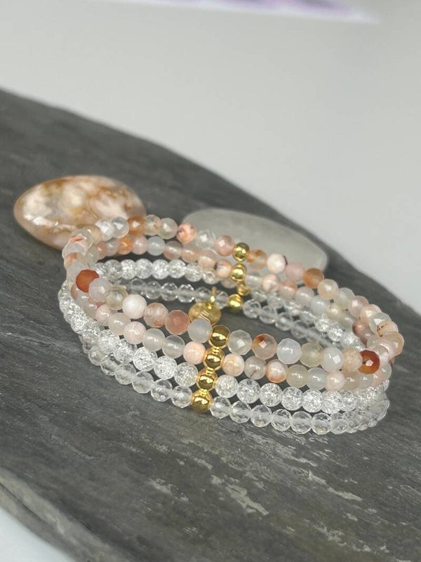 Armband (4-fach mit Verbinder) - Bergkristall & Kirschblütenachat (A856)
