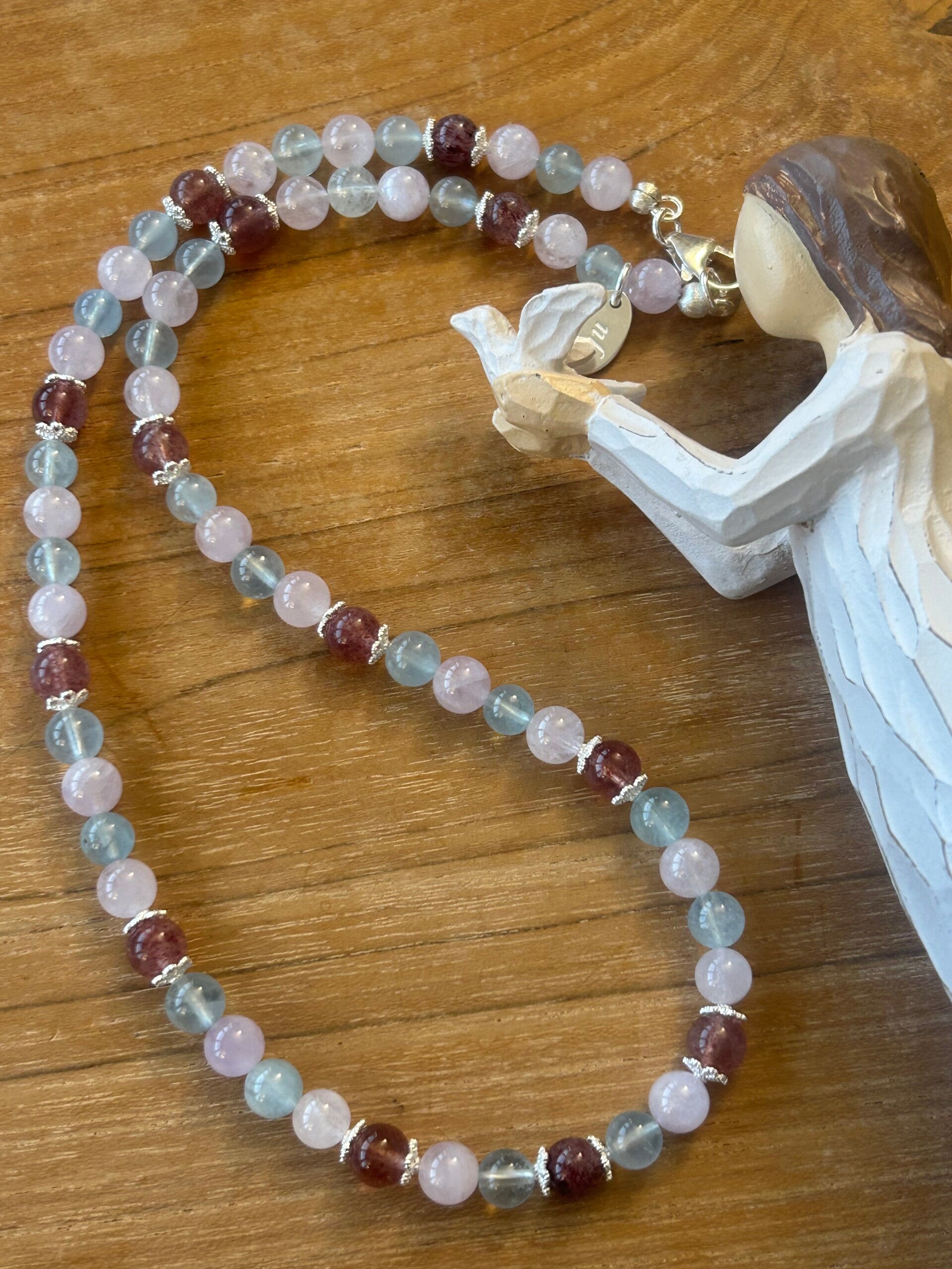 Halskette - Amethyst hell, Aquamarin & Erdbeerquarz (H589)